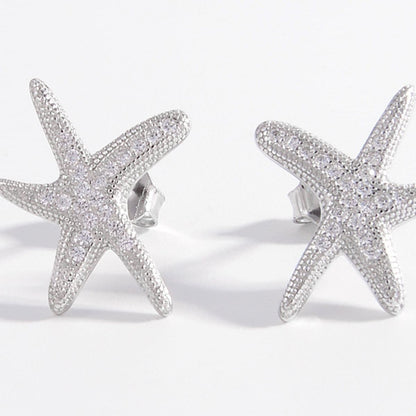 925 Sterling Silver Inlaid Zircon Starfish Earrings.