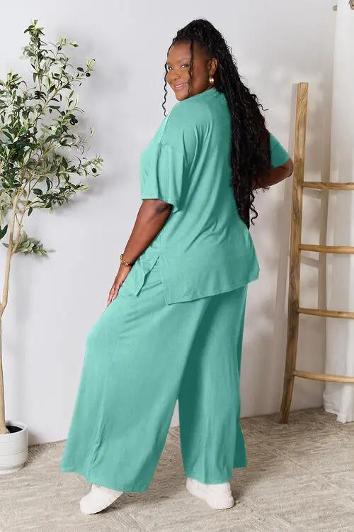 Double Take Full Size Round Neck Slit Top and Pants Set - Love Salve