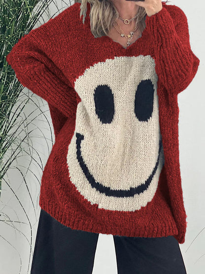 Charming v-neck long sleeve pullover with smiley design