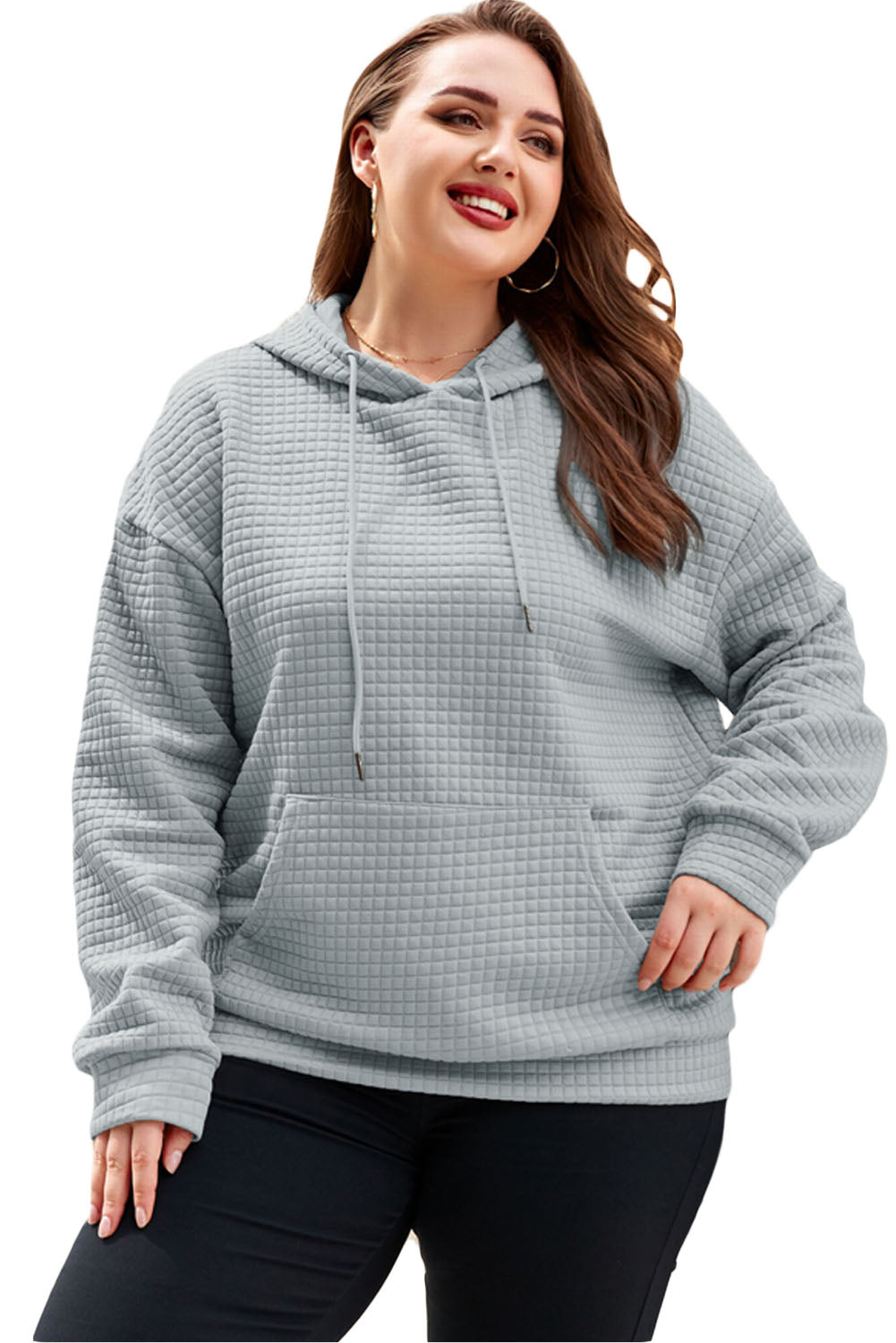 Cozy quilted gray hoodie with kangaroo pockets in plus sizes