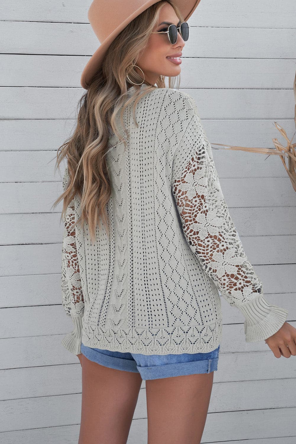 Openwork Lantern Sleeve Dropped Shoulder Sweater.