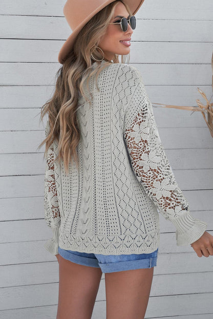 Openwork Lantern Sleeve Dropped Shoulder Sweater.