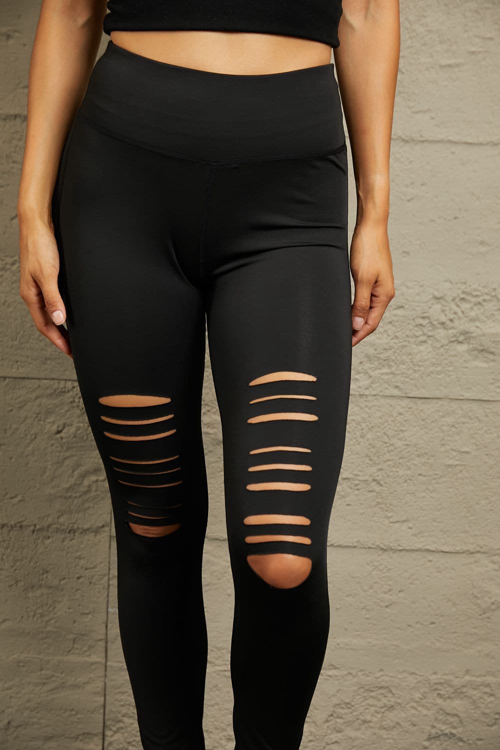 Double Take Wide Waistband Distressed Slim Fit Leggings.