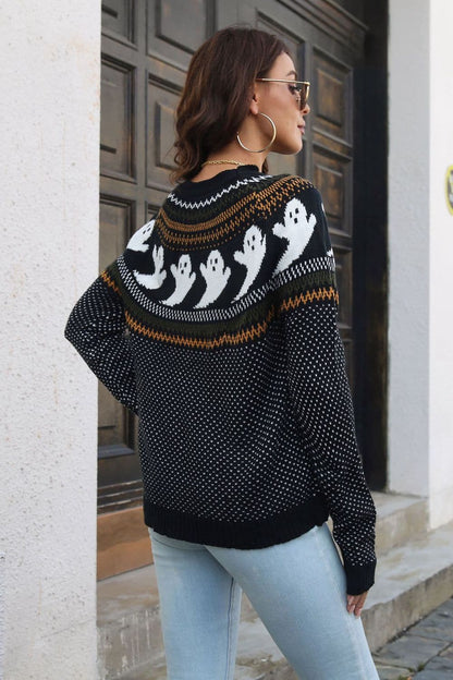 Halloween-themed ribbed pullover sweater with long sleeves