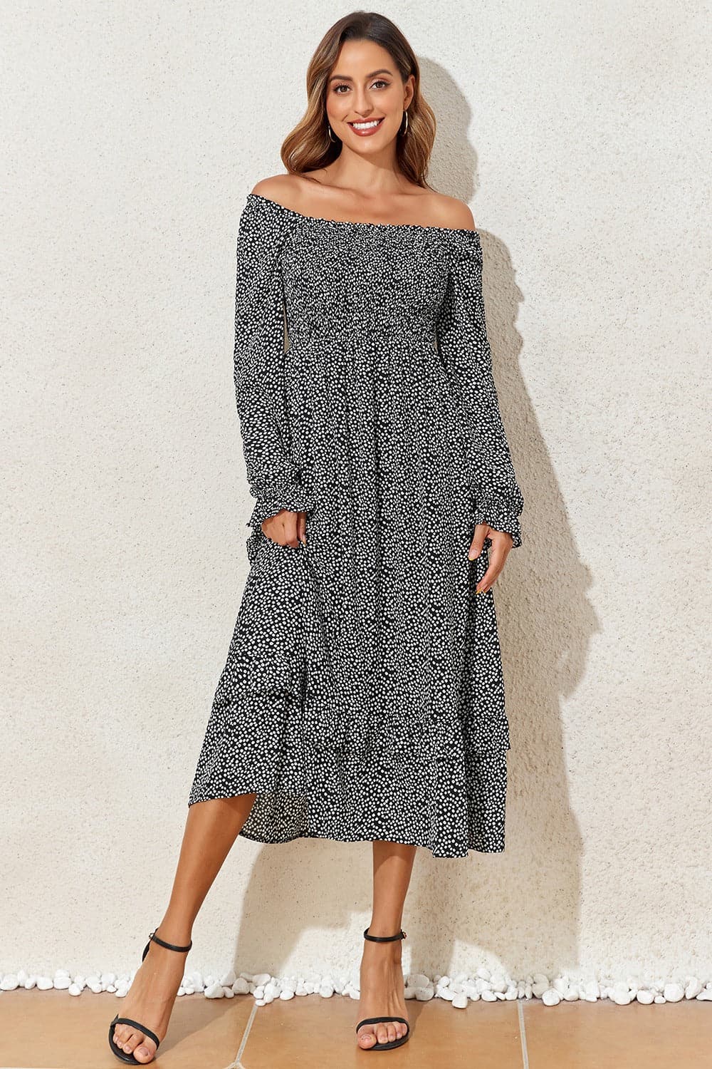 Printed Square Neck Long Sleeve Midi Dress.