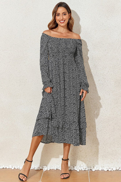 Printed Square Neck Long Sleeve Midi Dress.