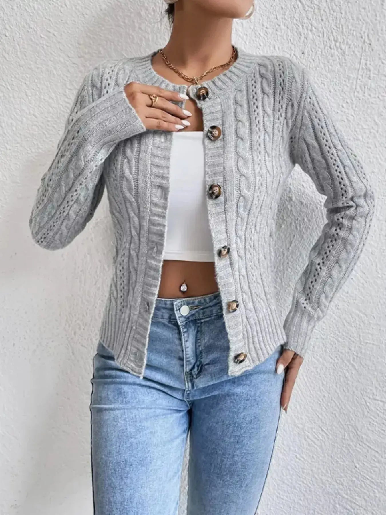 Cable Knit Button-Up Cardigan Simply Love