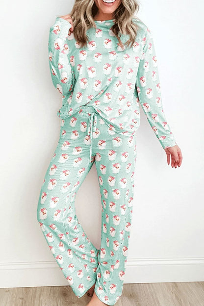 Festive Santa Patterned Long Sleeve Lounge Set with Pants