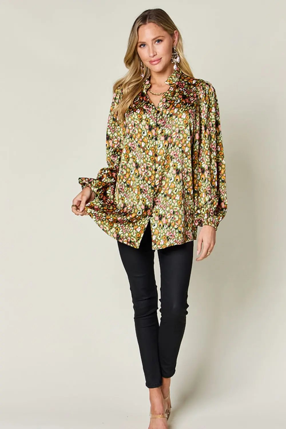 Double Take Full Size Printed Long Sleeve Blouse - Love Salve
