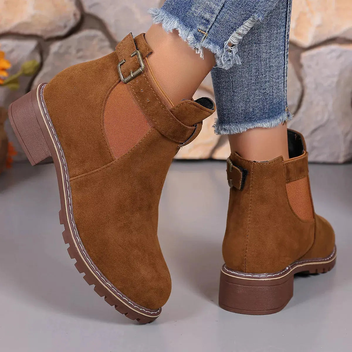 Women Round Toe Block Heel Ankle Boots Buckle Strap PU Leather Black Simply Love