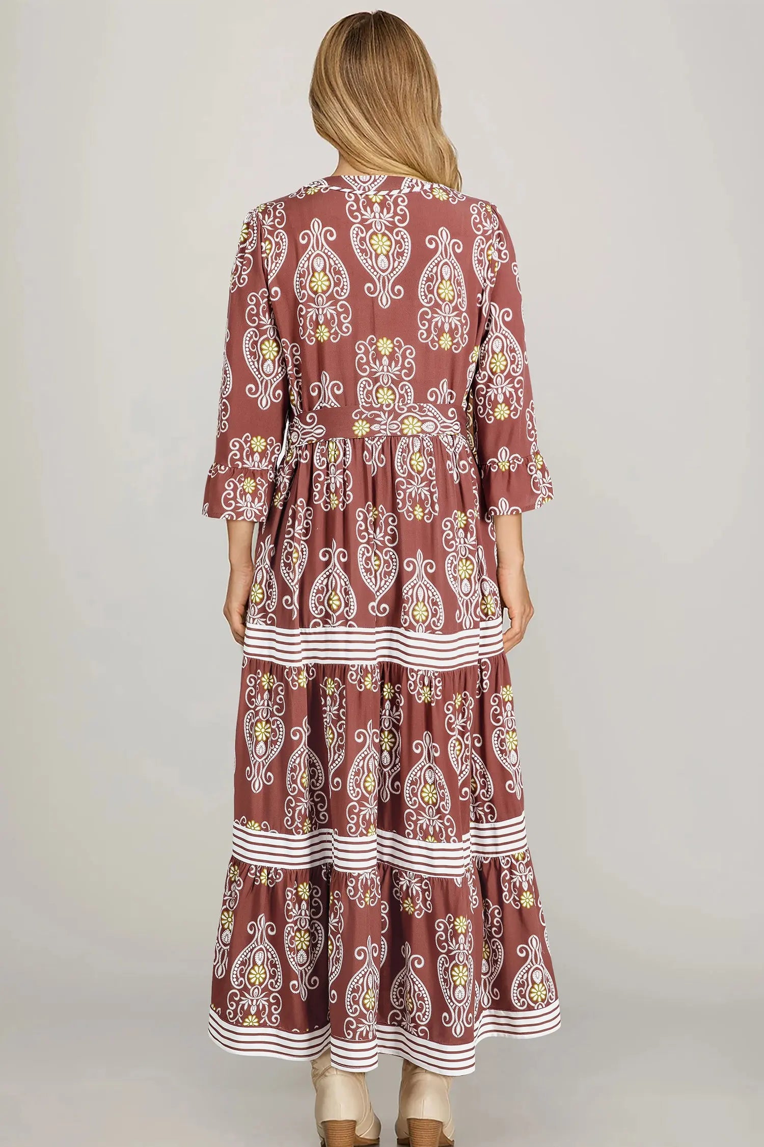 Brown Floral Print Belted Tiered Maxi Dress With Striped Trim Dear-Lover Dropshipping