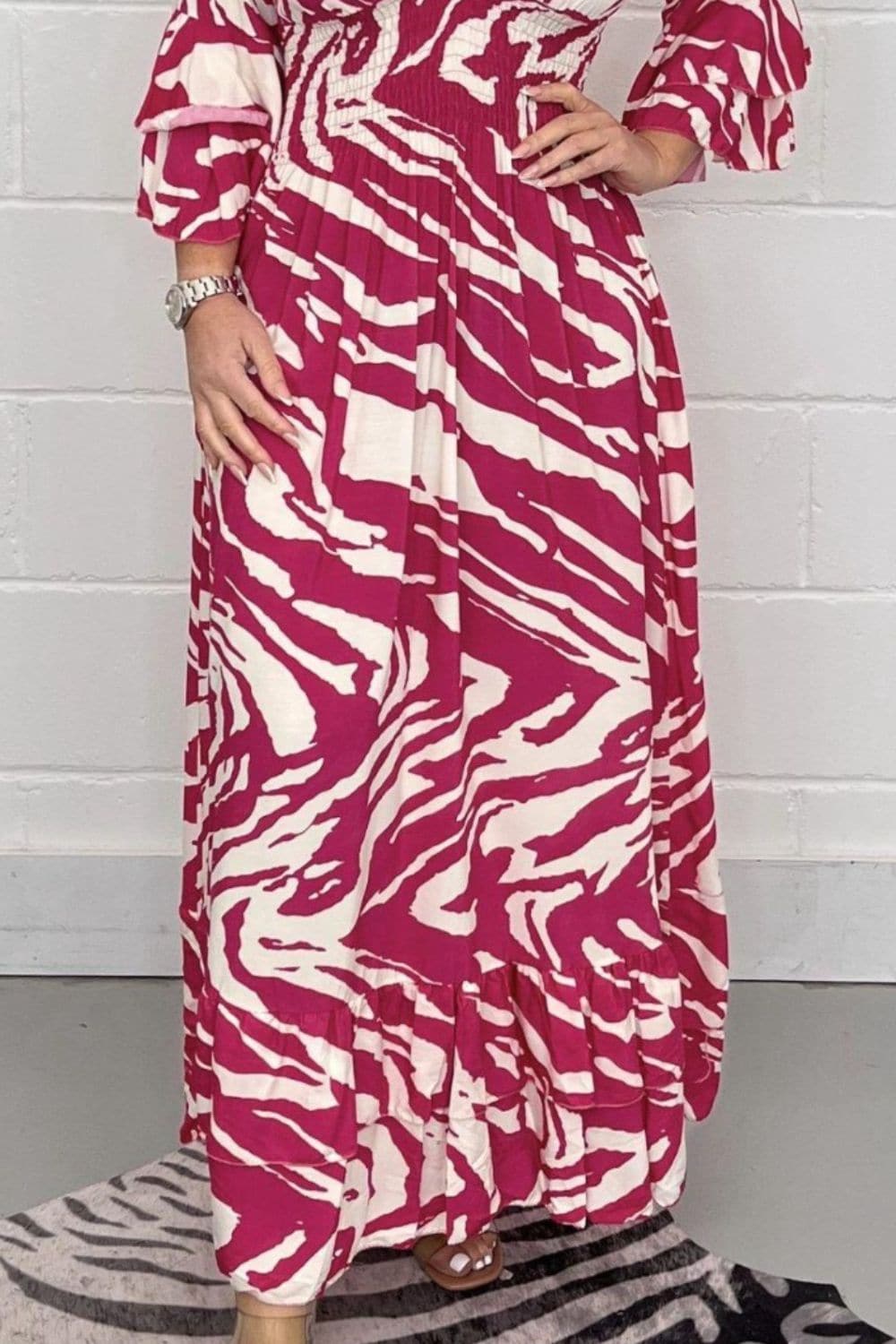 Smocked Printed Flounce Sleeve Maxi Dress.