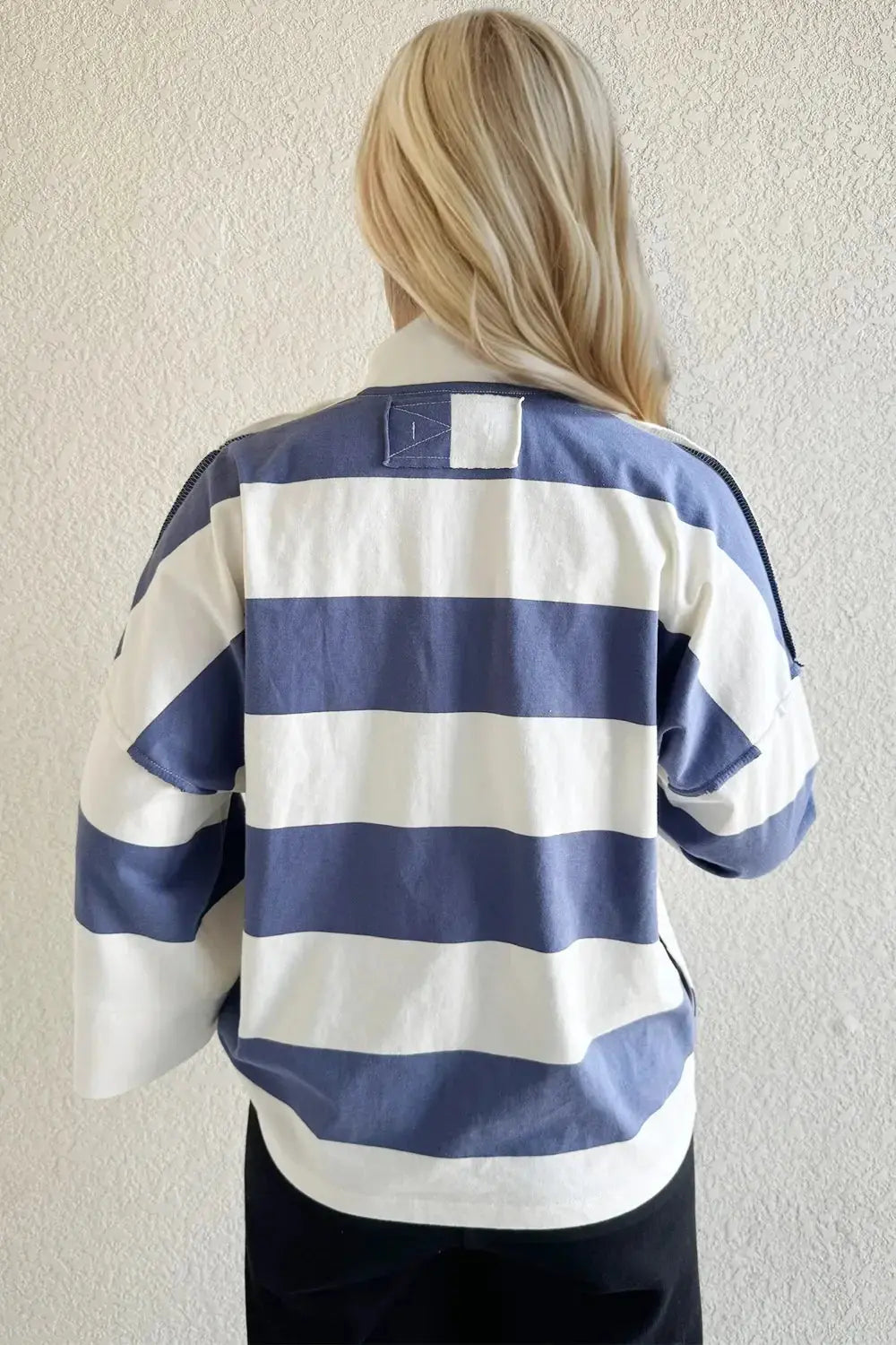 Oh Pima Cotton Wash Striped Half Zip Mock Neck Long Sleeve Top - Love Salve