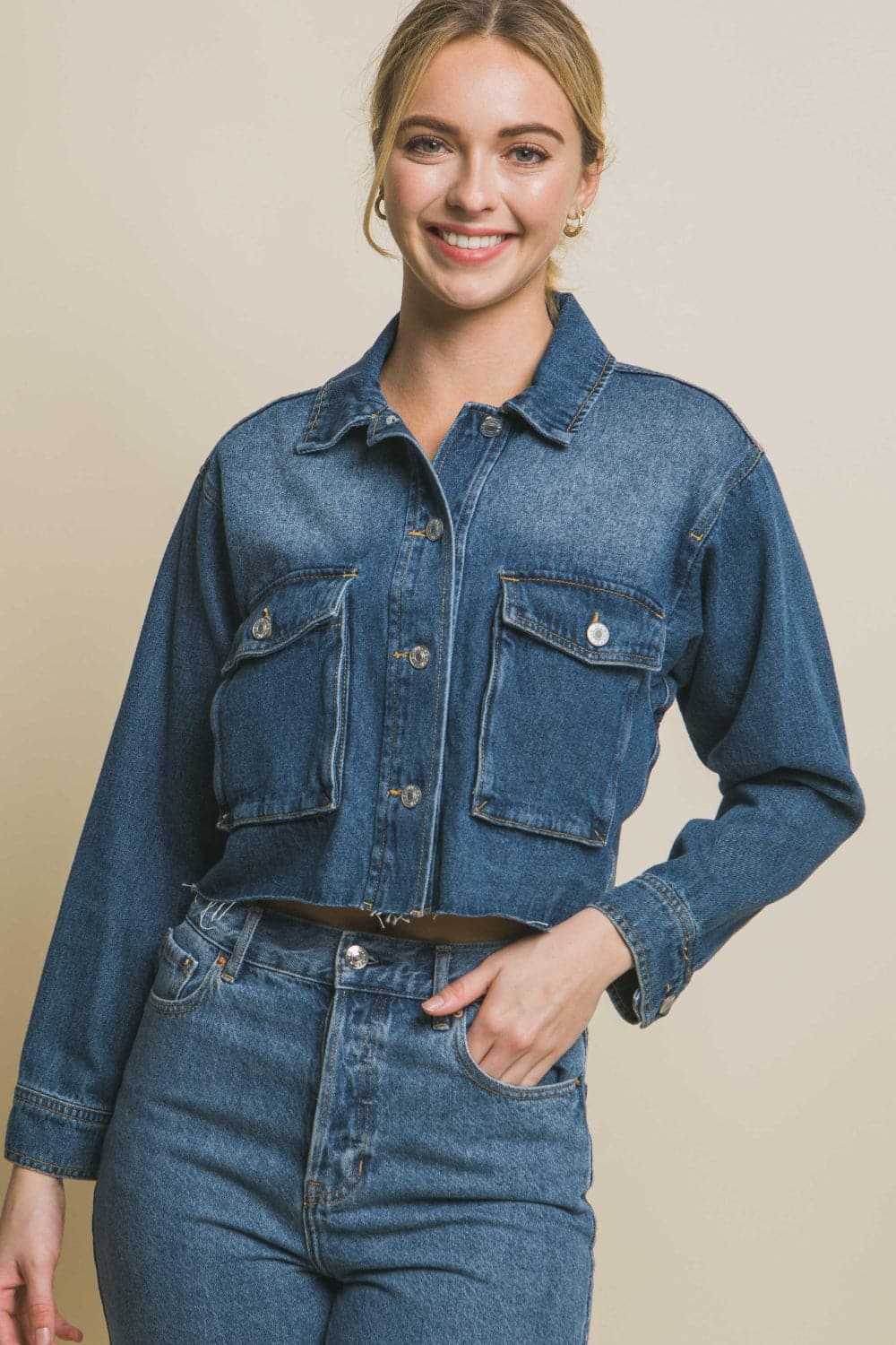 Love Tree Raw Hem Button Up Cropped Denim Jacket.