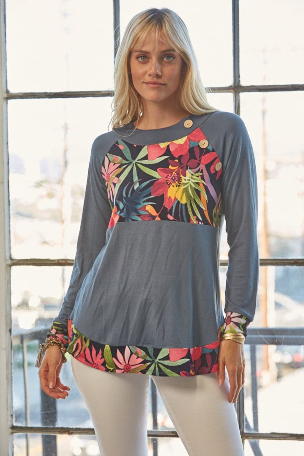 Celeste Full Size Tropical Print Long Sleeve T-Shirt.