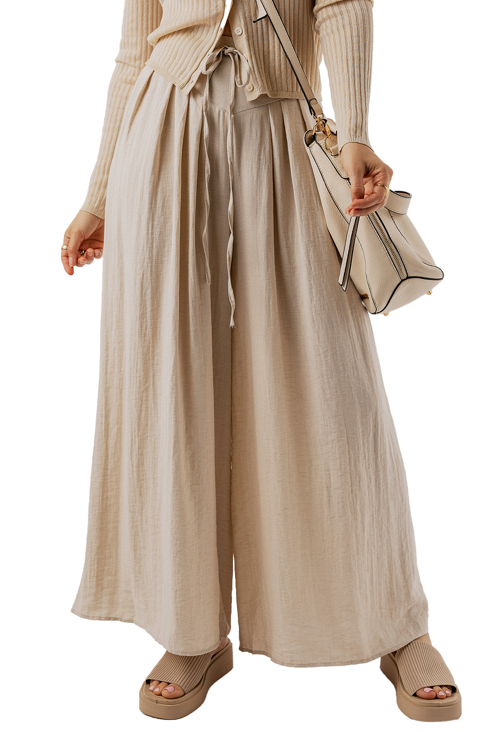 Beige high-waisted wide-leg trousers