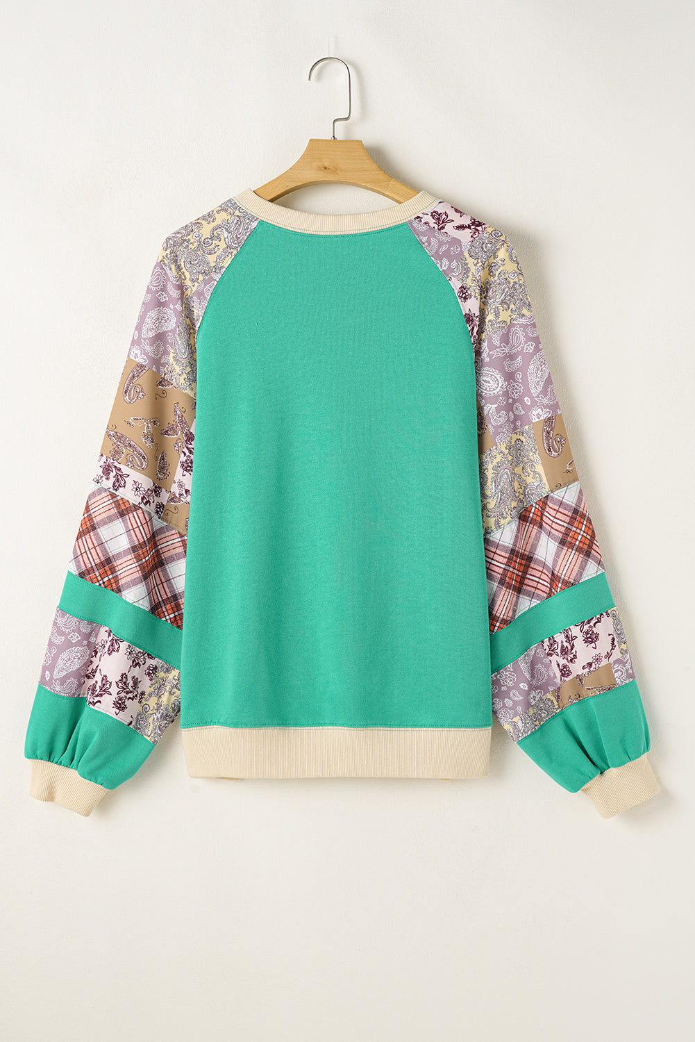 Chic sky blue plus size plaid floral patchwork sweatshirt with raglan sleeves