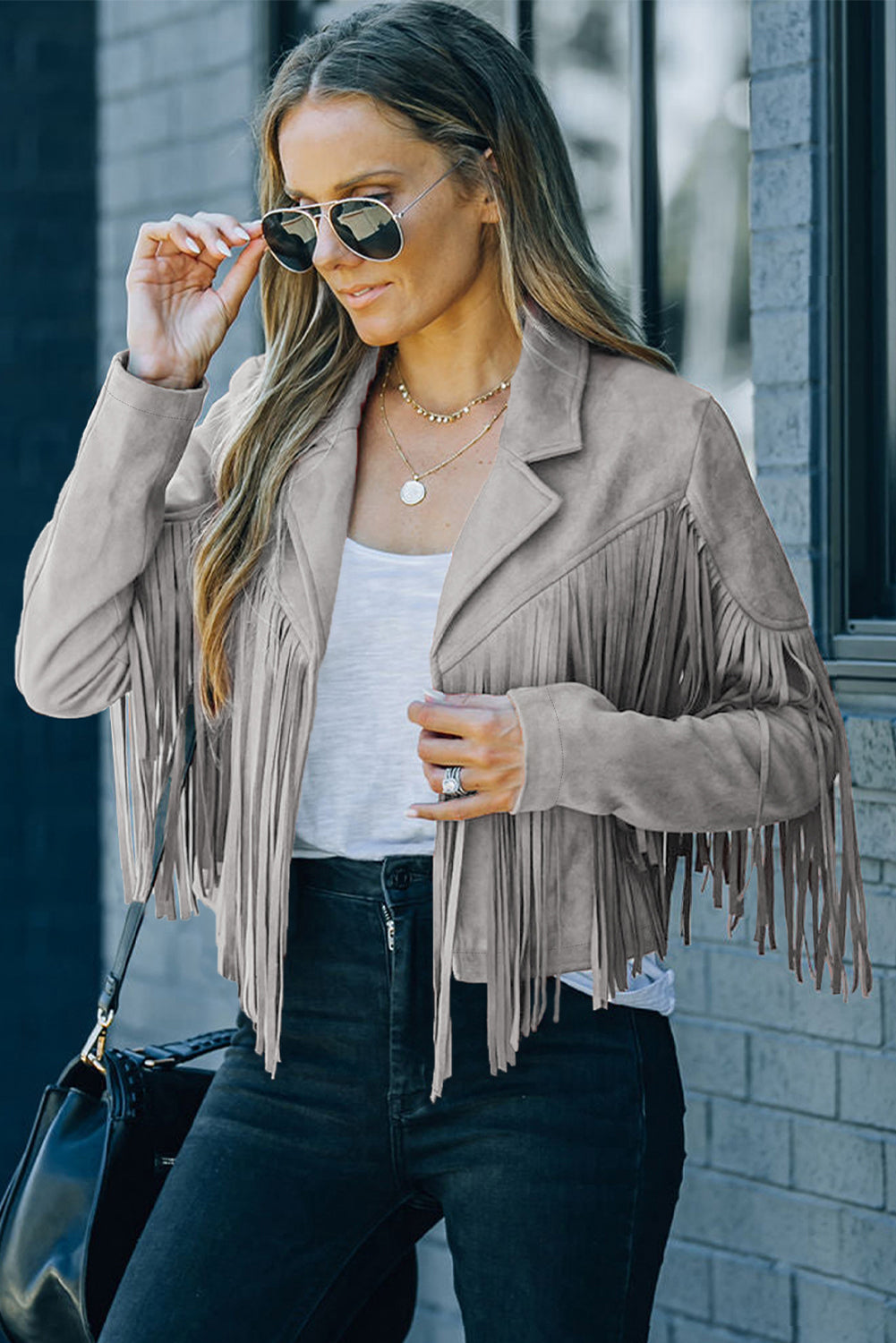 Gray Cropped Fringe Faux Suede Jacket For Women Lightweight Casual Dear-Lover Dropshipping