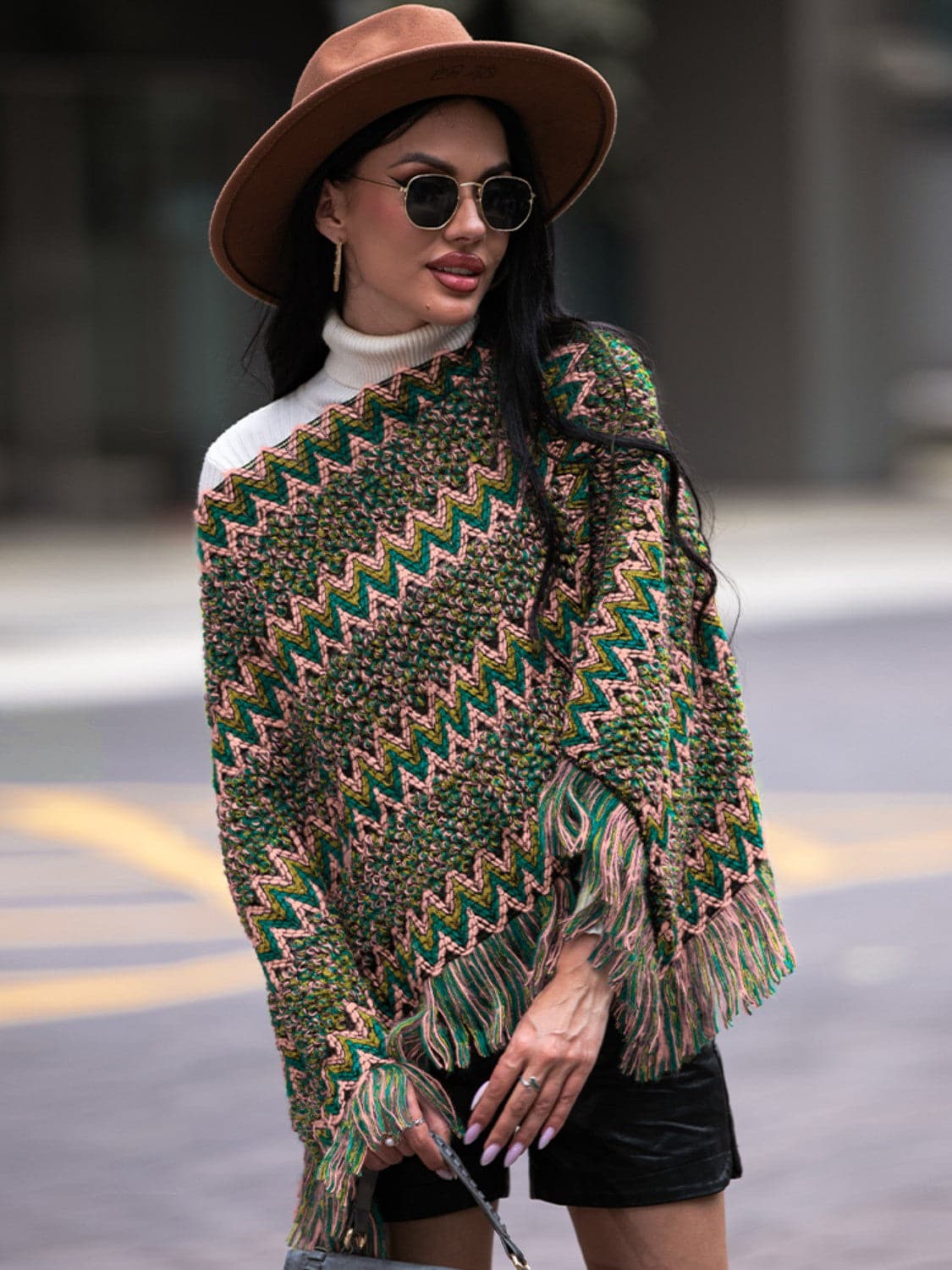 Fringe Hem Boat Neck Poncho.