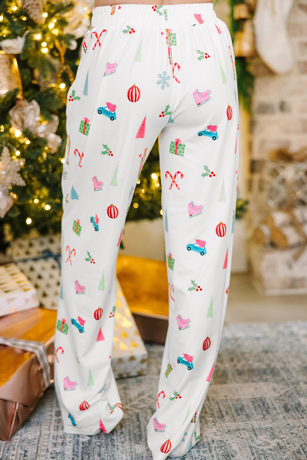 Festive White Christmas Lapel Shirt and Pants Sleep Set