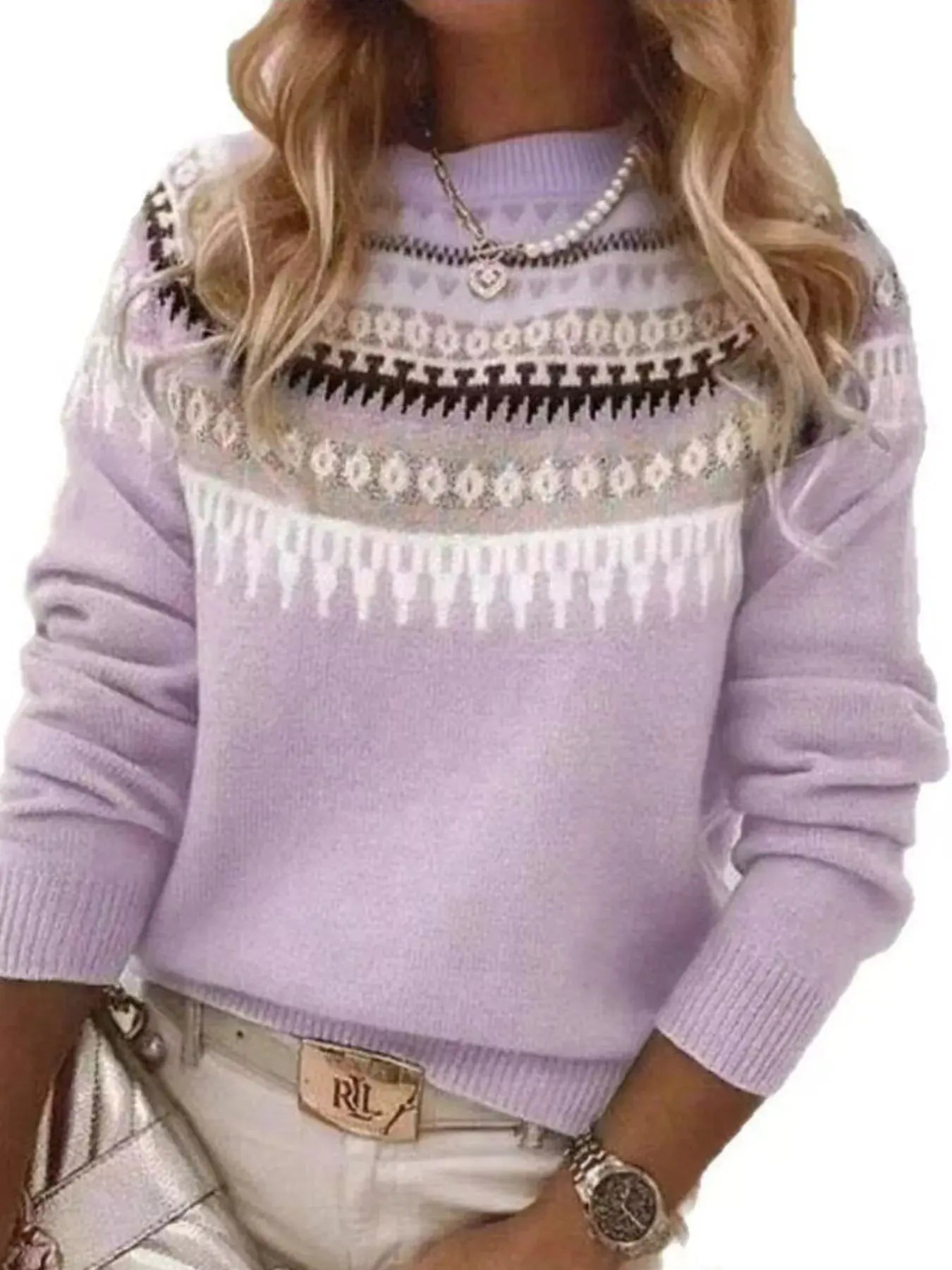 Full Size Vintage Patterned Round Neck Sweater Plus Size Simply Love