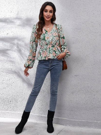 Floral V-Neck Balloon Sleeve Peplum Blouse.