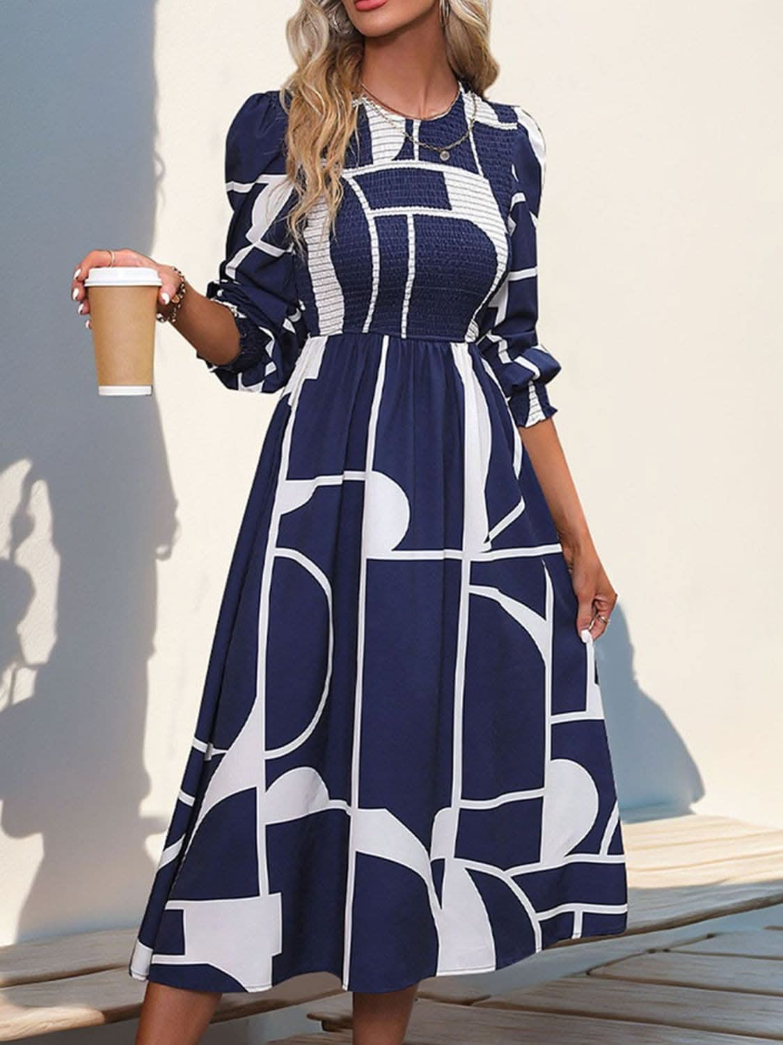 Smocked Color Block Long Sleeve Midi Dress.