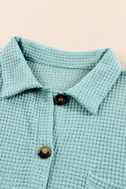 Collared Long Sleeve Waffle-Knit Shirt with Pocket