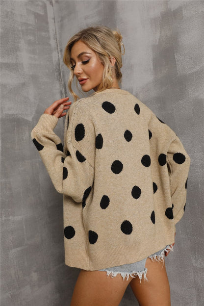 Polka Dot Open Front Drop Shoulder Cardigan.