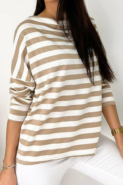 Striped Round Neck Long Sleeve Blouse.