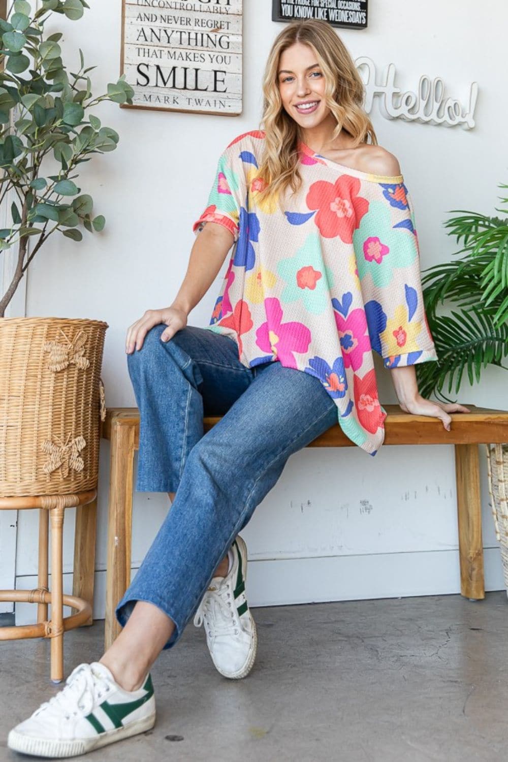 HOPELY Floral Waffle Oversize T-Shirt.