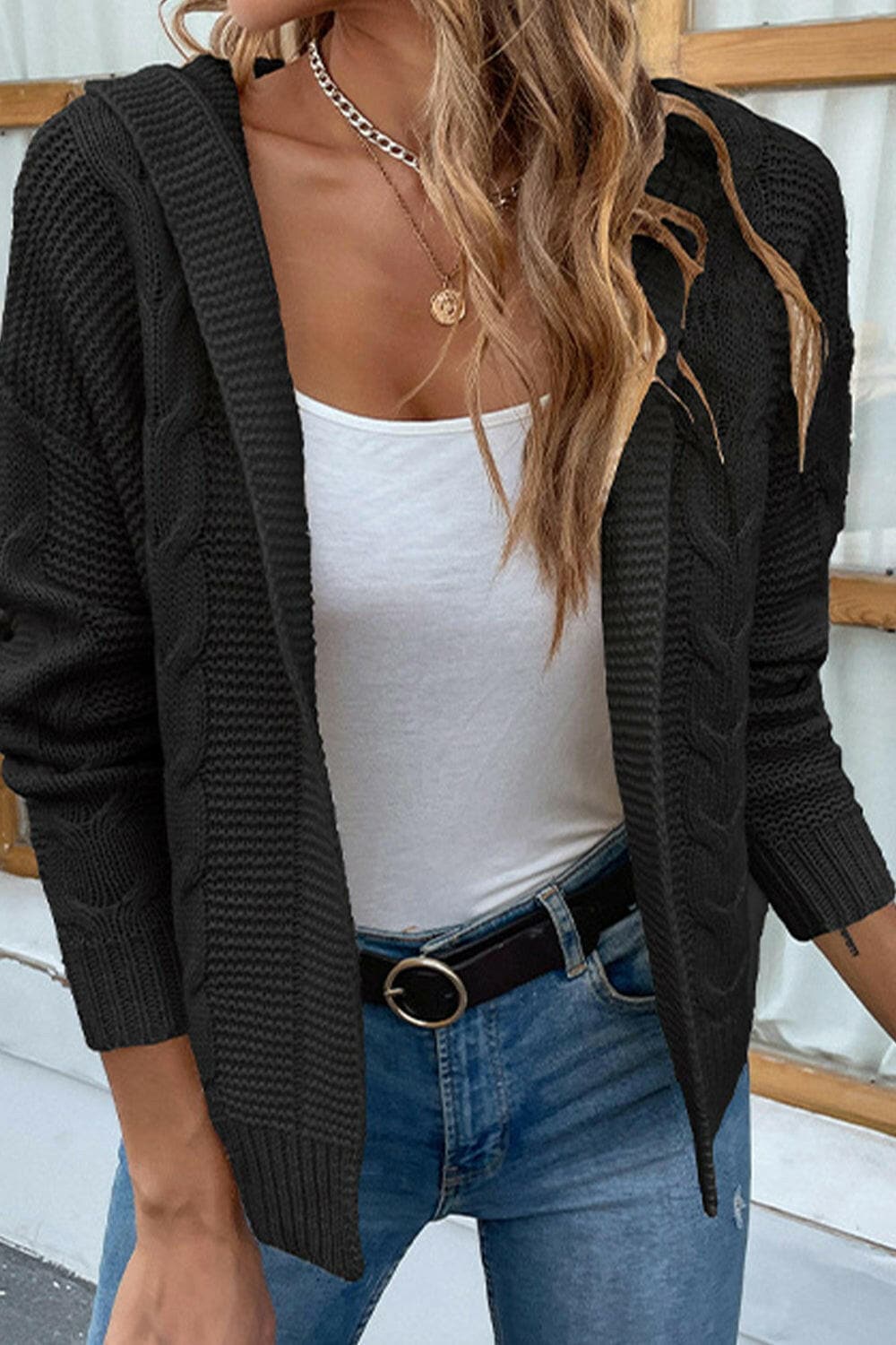 Cable-Knit Dropped Shoulder Hooded Cardigan.