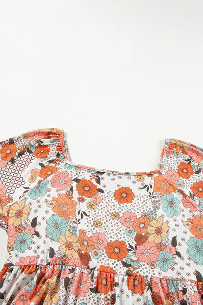 Khaki floral square neck peplum blouse in plus sizes