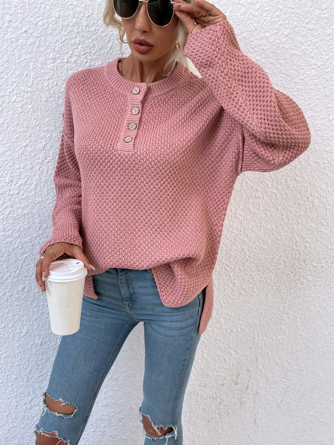 Quarter-Button Slit Sweater.