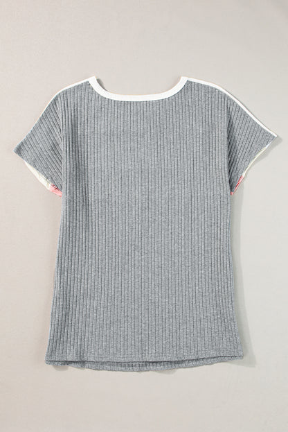 Chic gray ribbed color block tee with stylish patchwork design