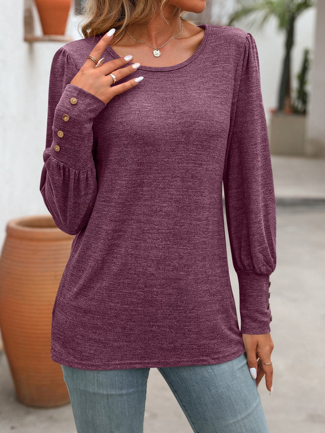 Decorative Button Round Neck Long Sleeve T-Shirt.