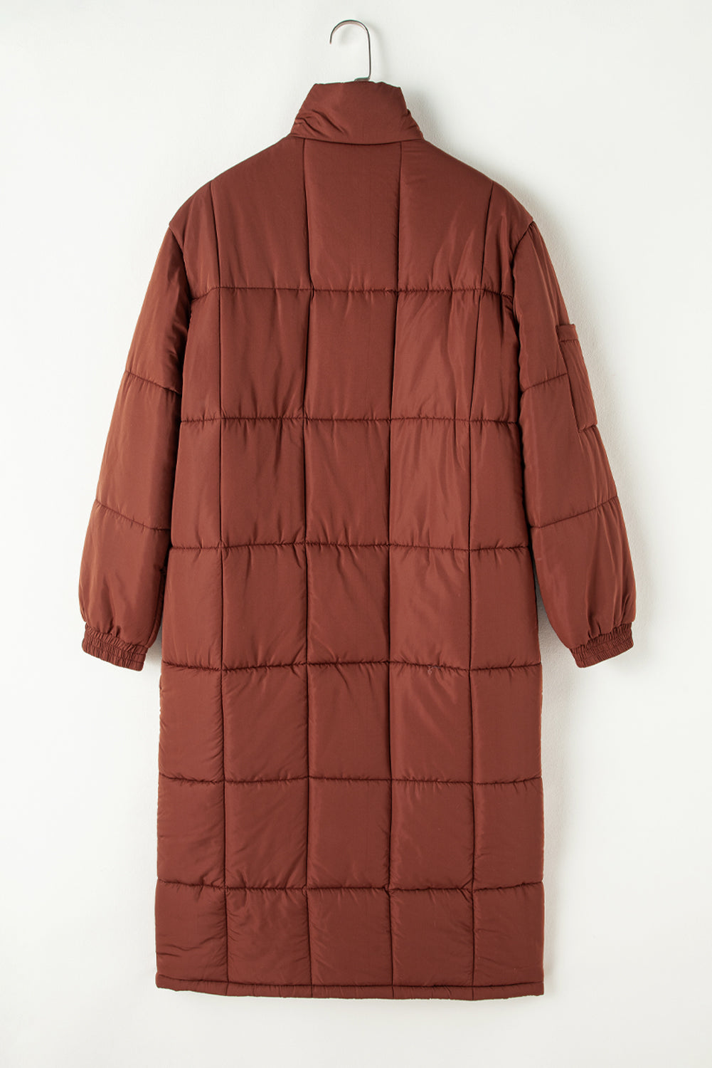 Cozy coffee quilted puffer coat with stand neck and zip closure