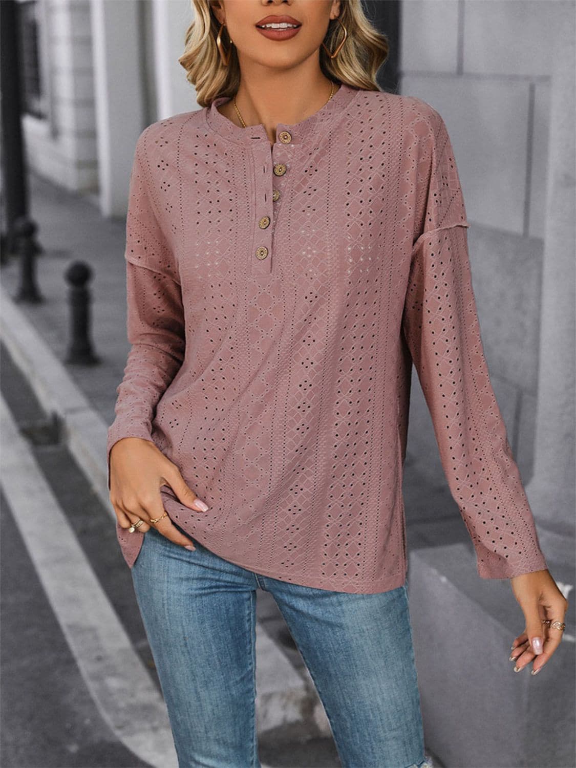 Eyelet Round Neck Long Sleeve Top.