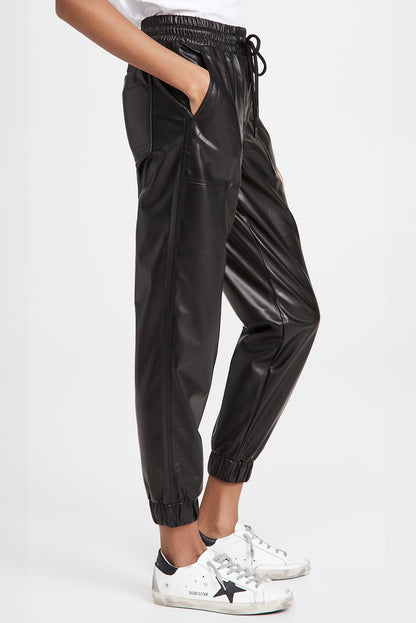 Chic black faux leather joggers with smocked waist and drawstring detail