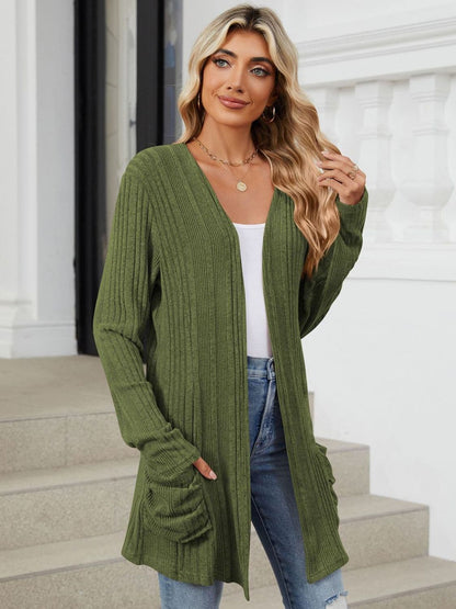 Pocketed Open Front Long Sleeve Cardigan.