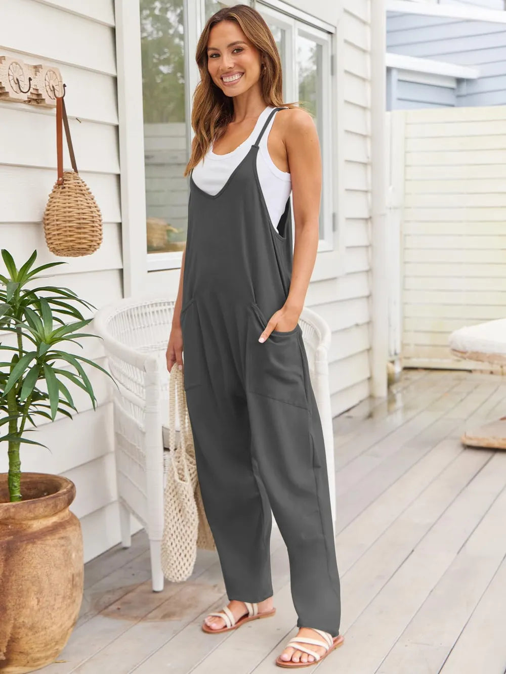 Simply Love: V-Neck Jumpsuit - Sexy Spaghetti Straps