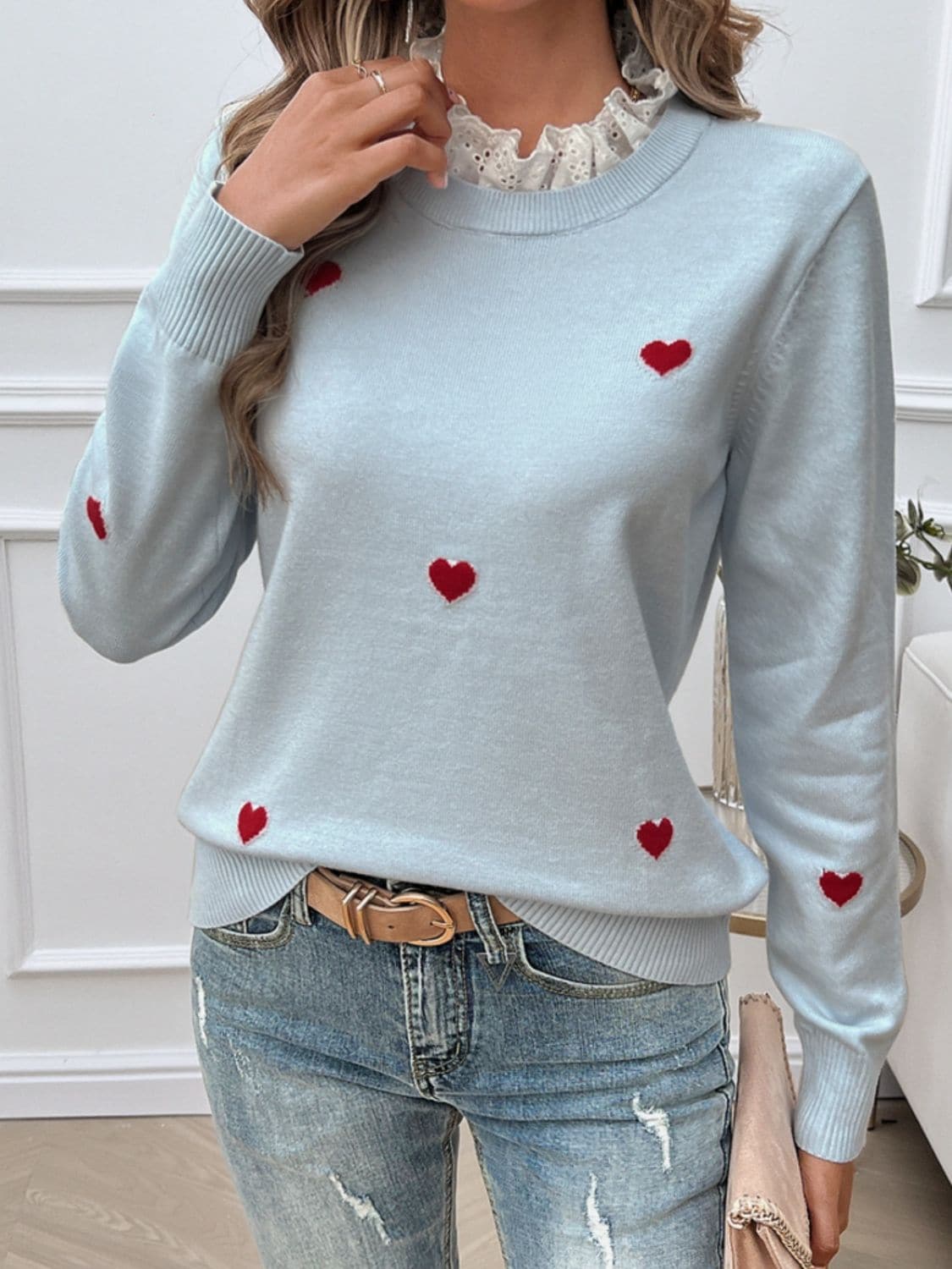 Lace Detail Heart Long Sleeve Sweater.