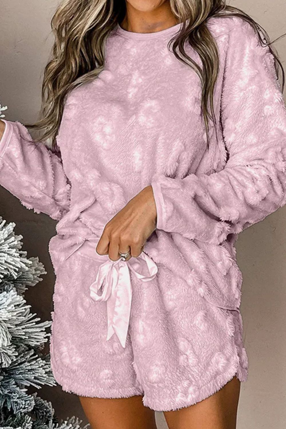 Cozy round neck long sleeve top and shorts lounge set