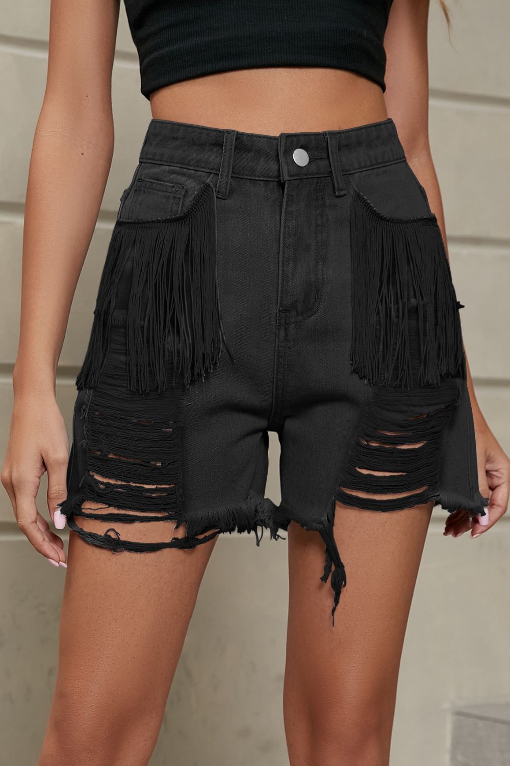 Fringe Trim Distressed Denim Shorts with Pockets Coco’s Tee Boutique