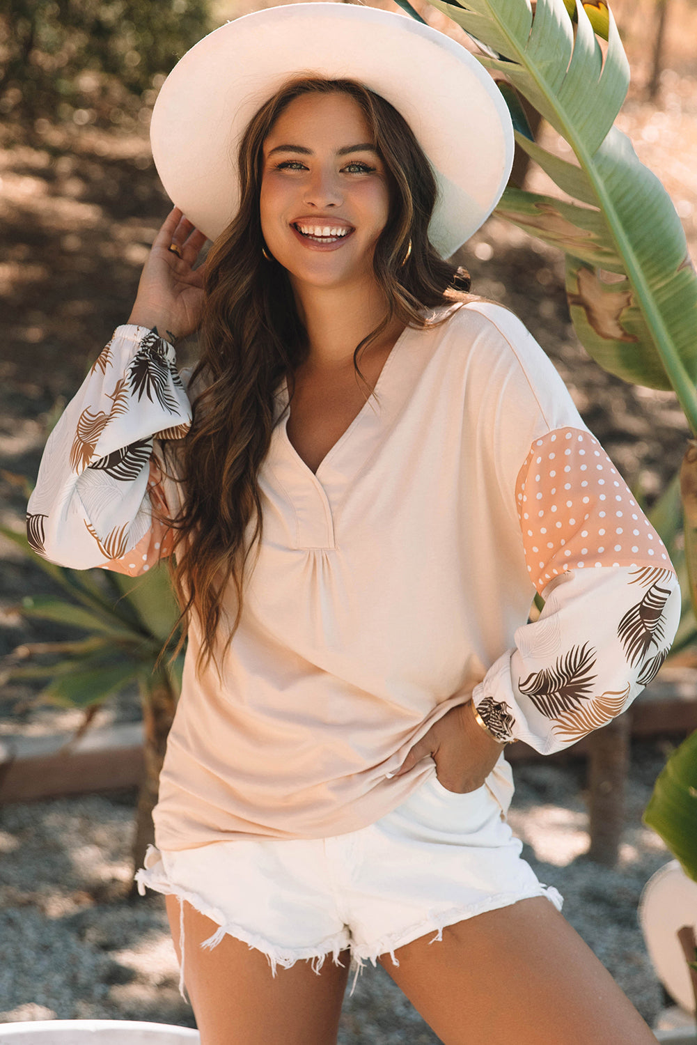 Chic palm print blouse with puff sleeves