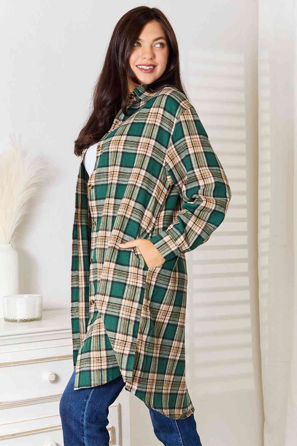 Double Take Plaid Collared Neck Long Sleeve Shirt - Love Salve