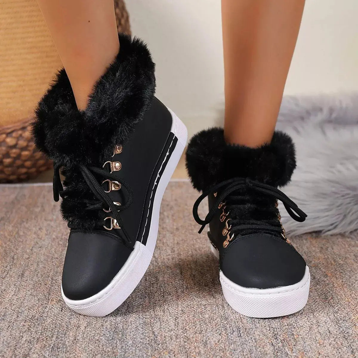 Fuzzy Trim Lace-Up Ankle Boots Simply Love