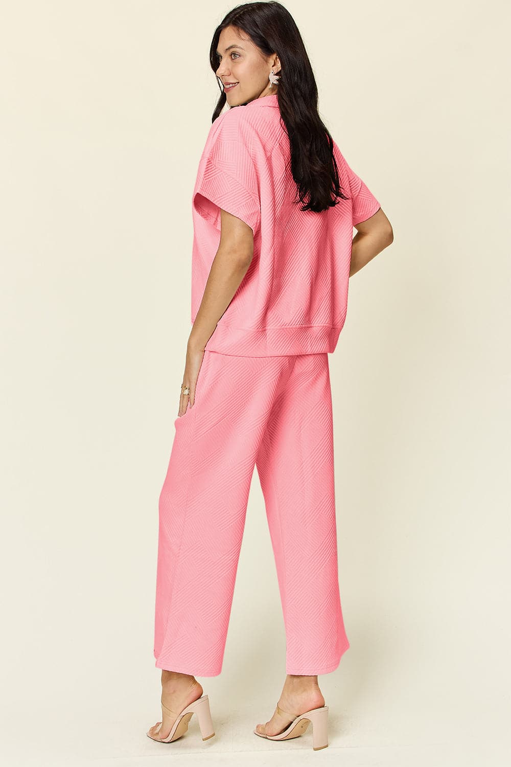 Double Take Full Size Texture Half Zip Short Sleeve Top and Pants Set.