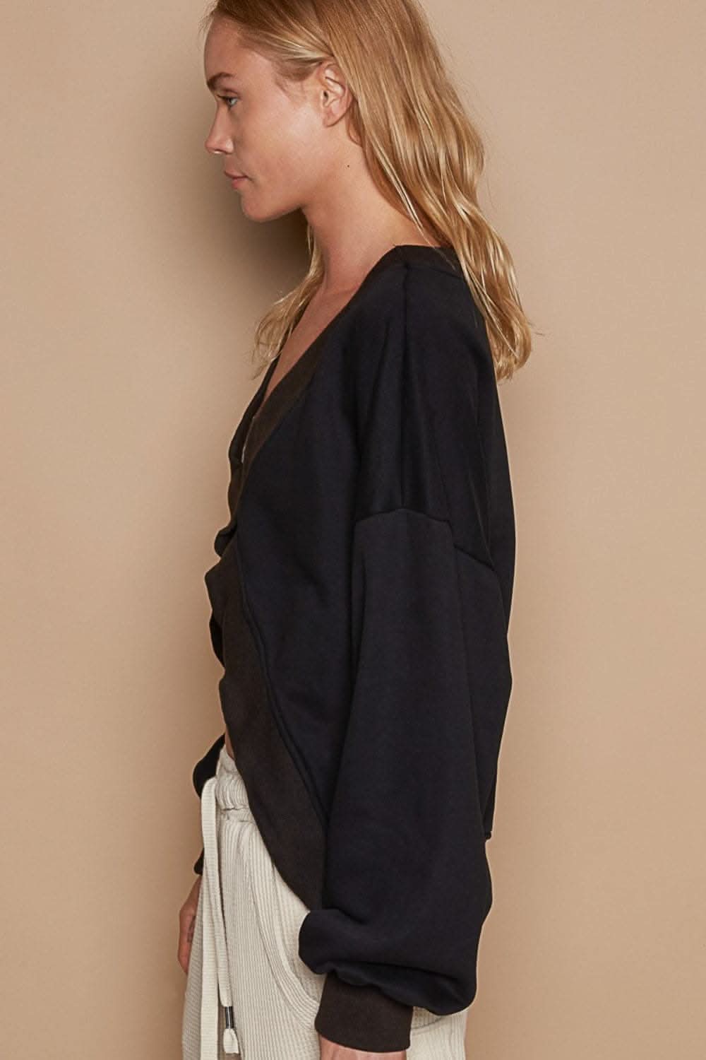 POL V-Cutout Rib Band Long Sleeve Sweatshirt - Love Salve 