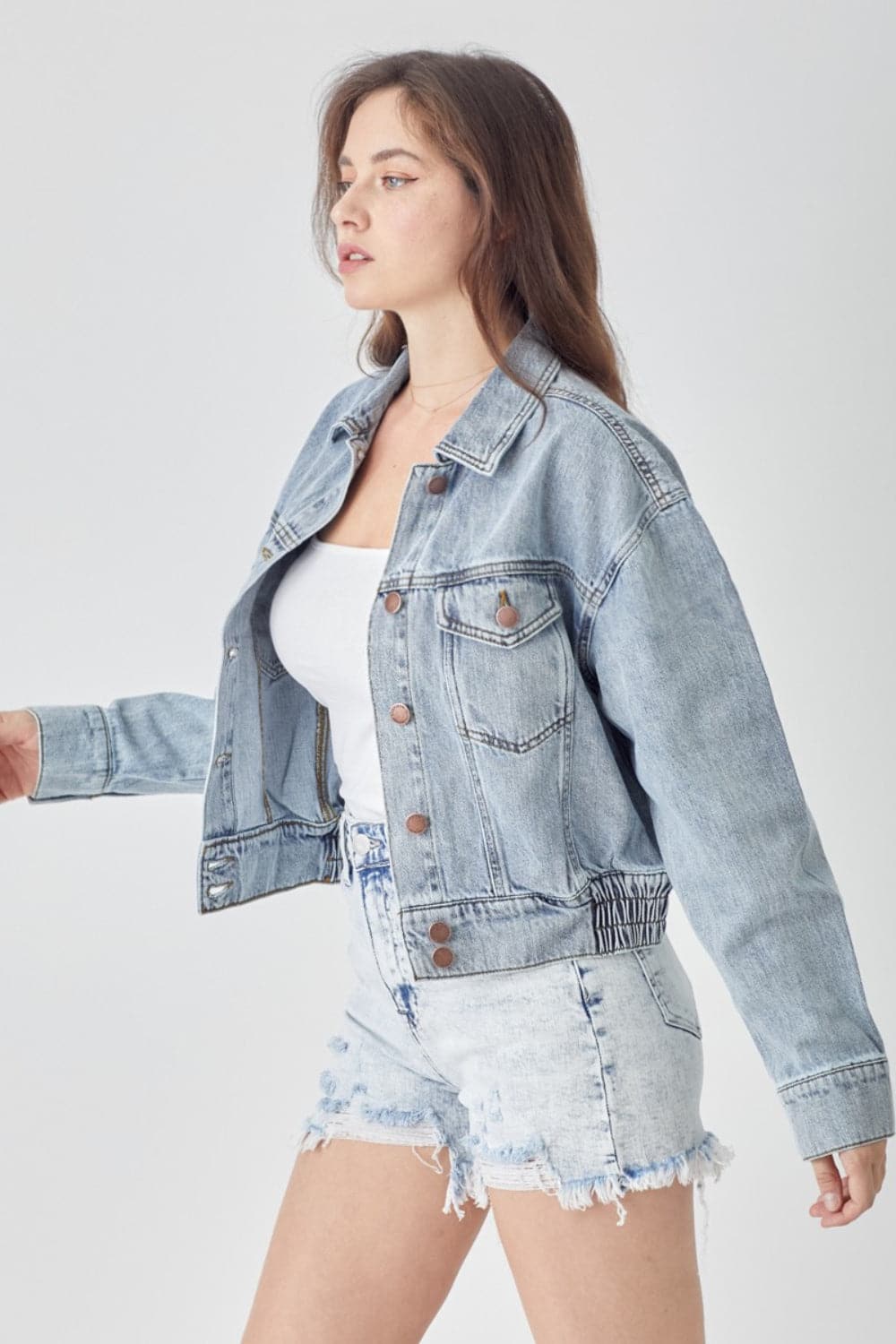 RISEN Full Size Button Down Cropped Denim Jacket.